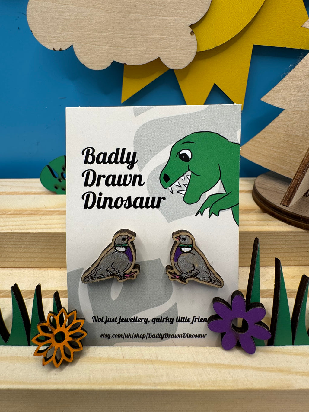 Jimmy the Pidge - hand drawn, laser cut, wood stud earrings