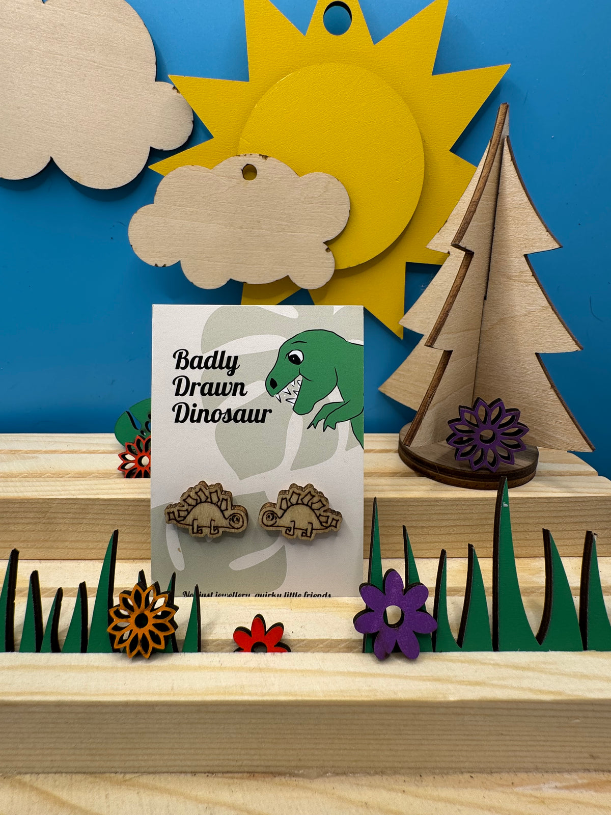 Greg the Steg - hand drawn, laser cut, wooden stud earrings