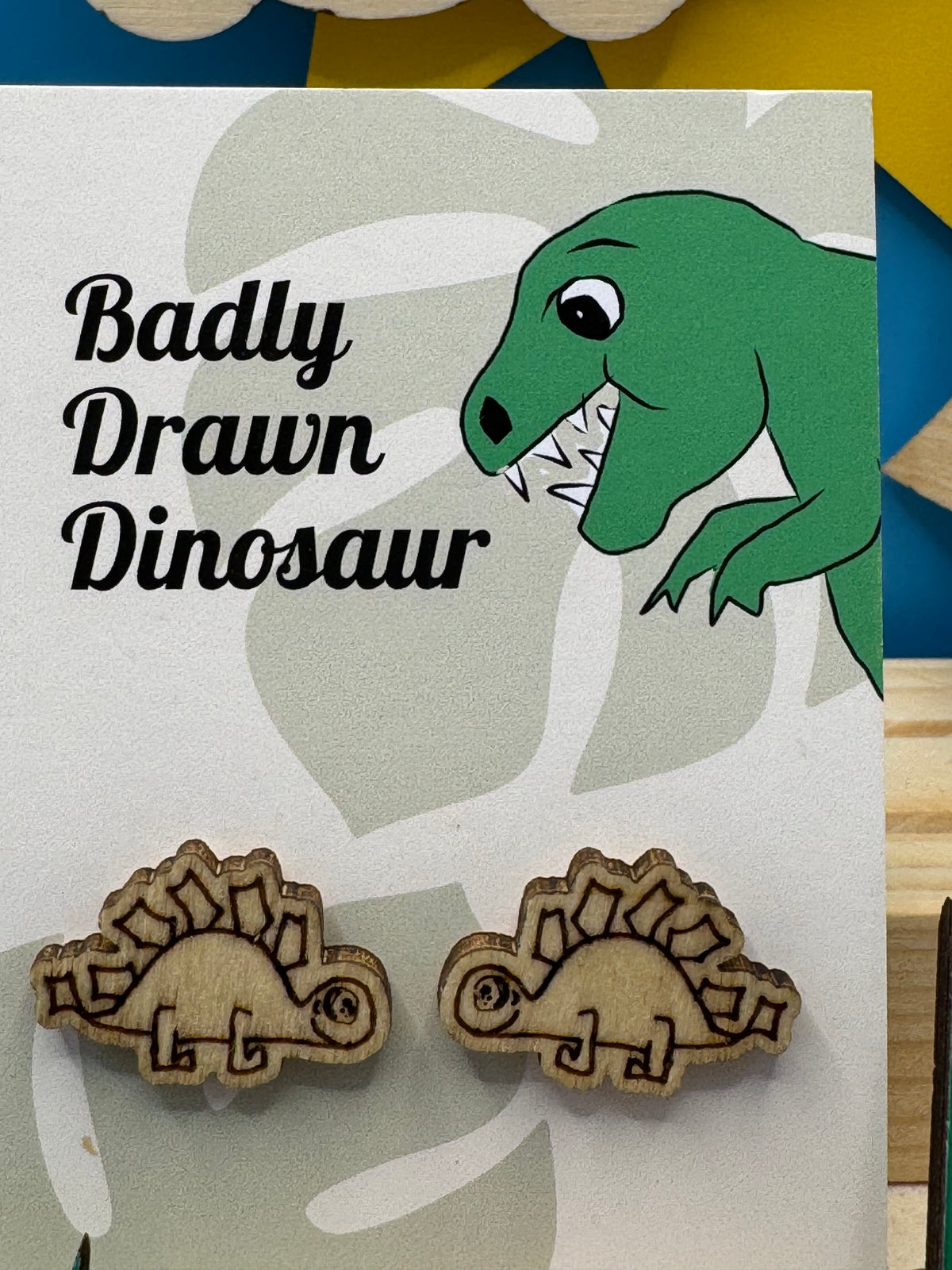 Greg the Steg - hand drawn, laser cut, wooden stud earrings