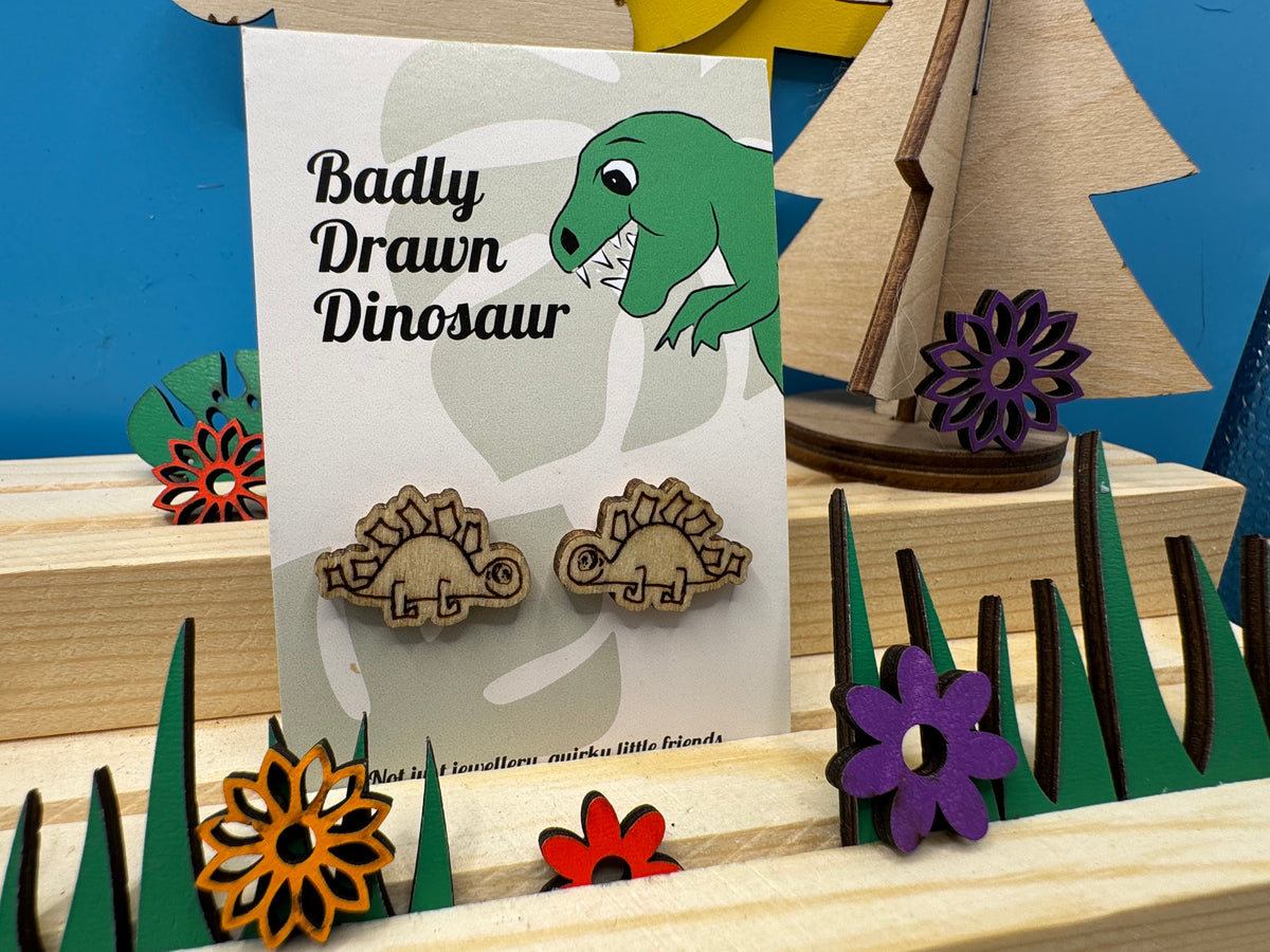 Greg the Steg - hand drawn, laser cut, wooden stud earrings
