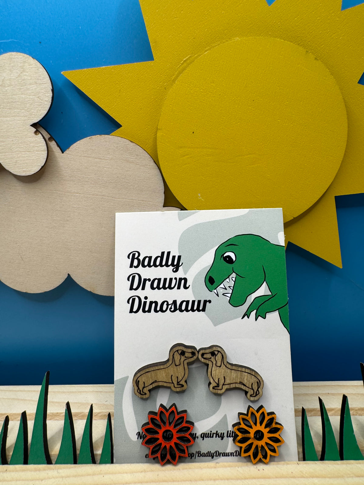 Jeremy the Sausage Dog - hand drawn, later cut, wood stud earrings