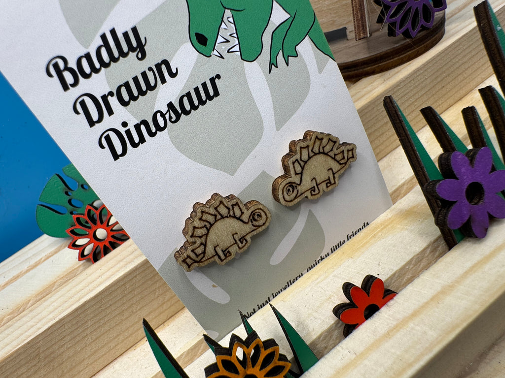 Greg the Steg - hand drawn, laser cut, wooden stud earrings