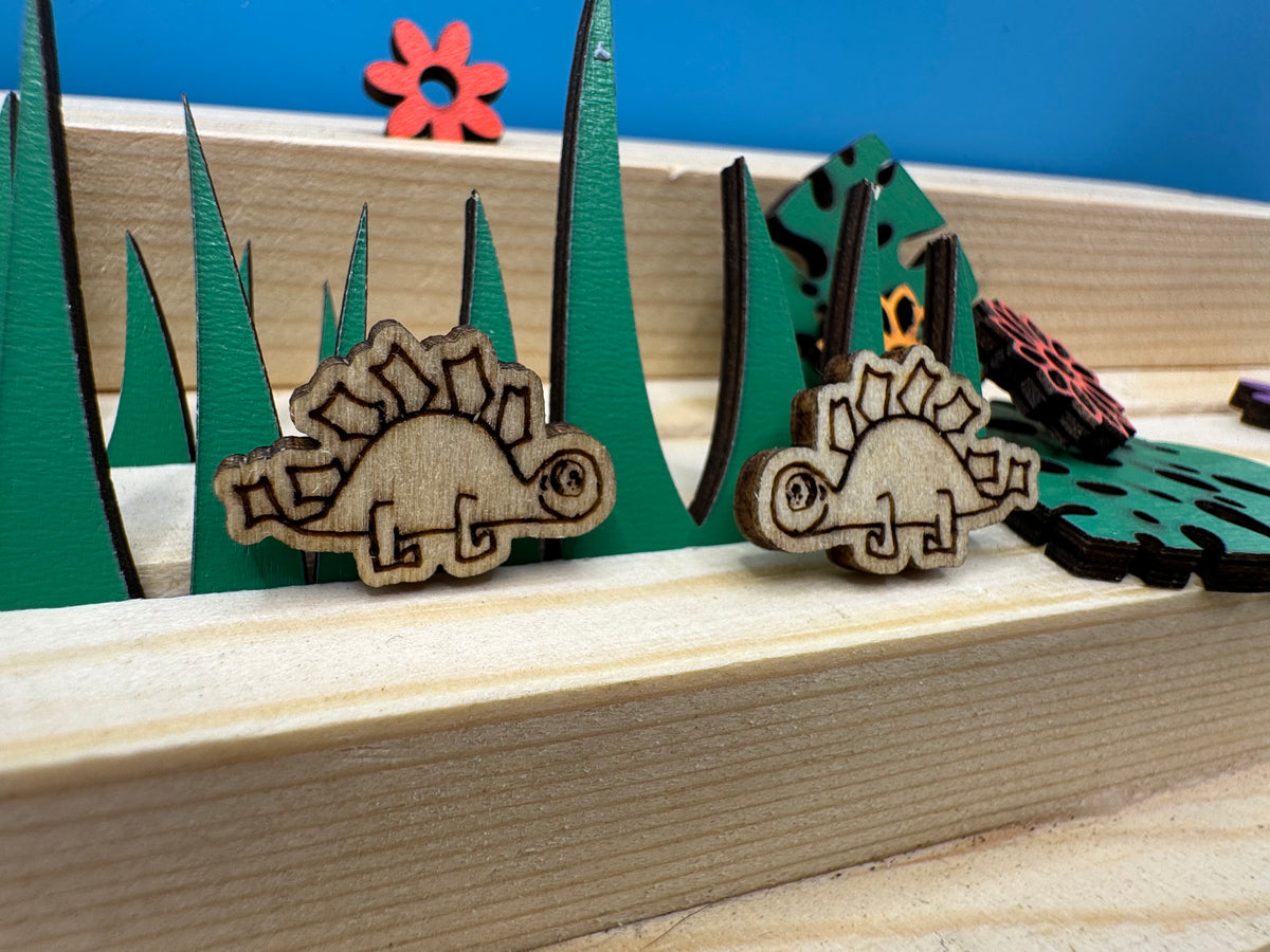 Greg the Steg - hand drawn, laser cut, wooden stud earrings