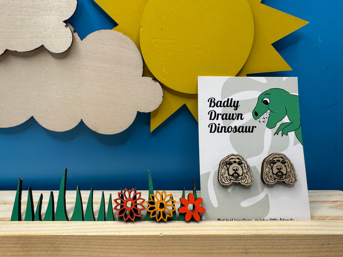 Chester the CockerPoo - hand drawn, laser cut, wood stud earrings