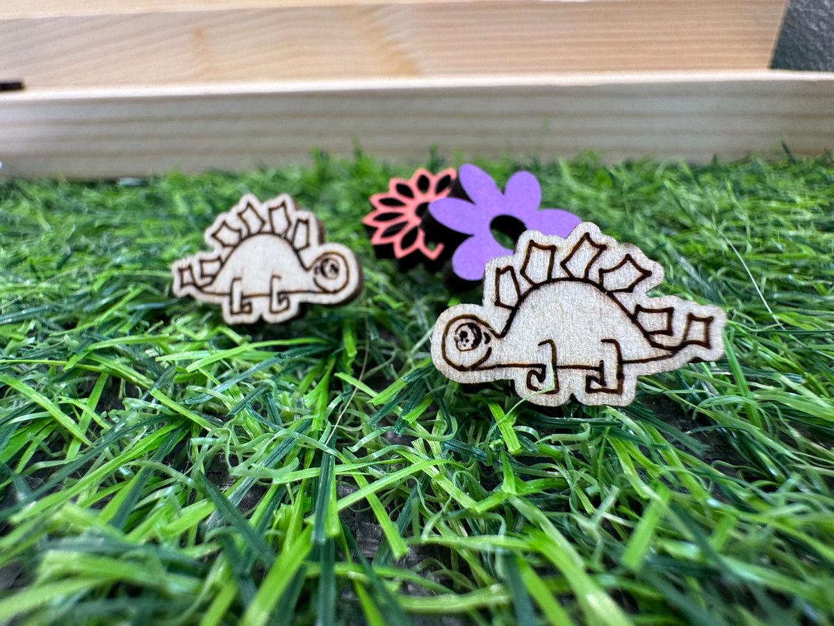 Greg the Steg - hand drawn, laser cut, wooden stud earrings