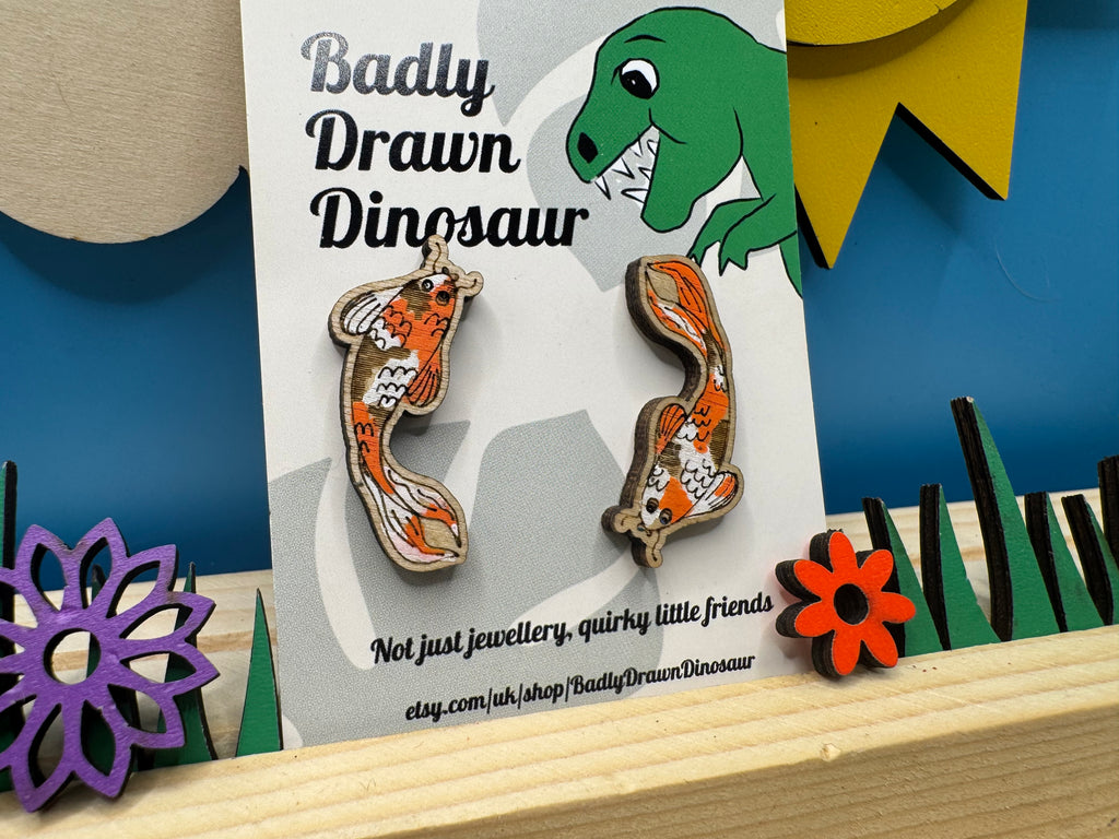 Fi and Philip the Koi Fish - hand drawn, laser cut, wood stud earrings