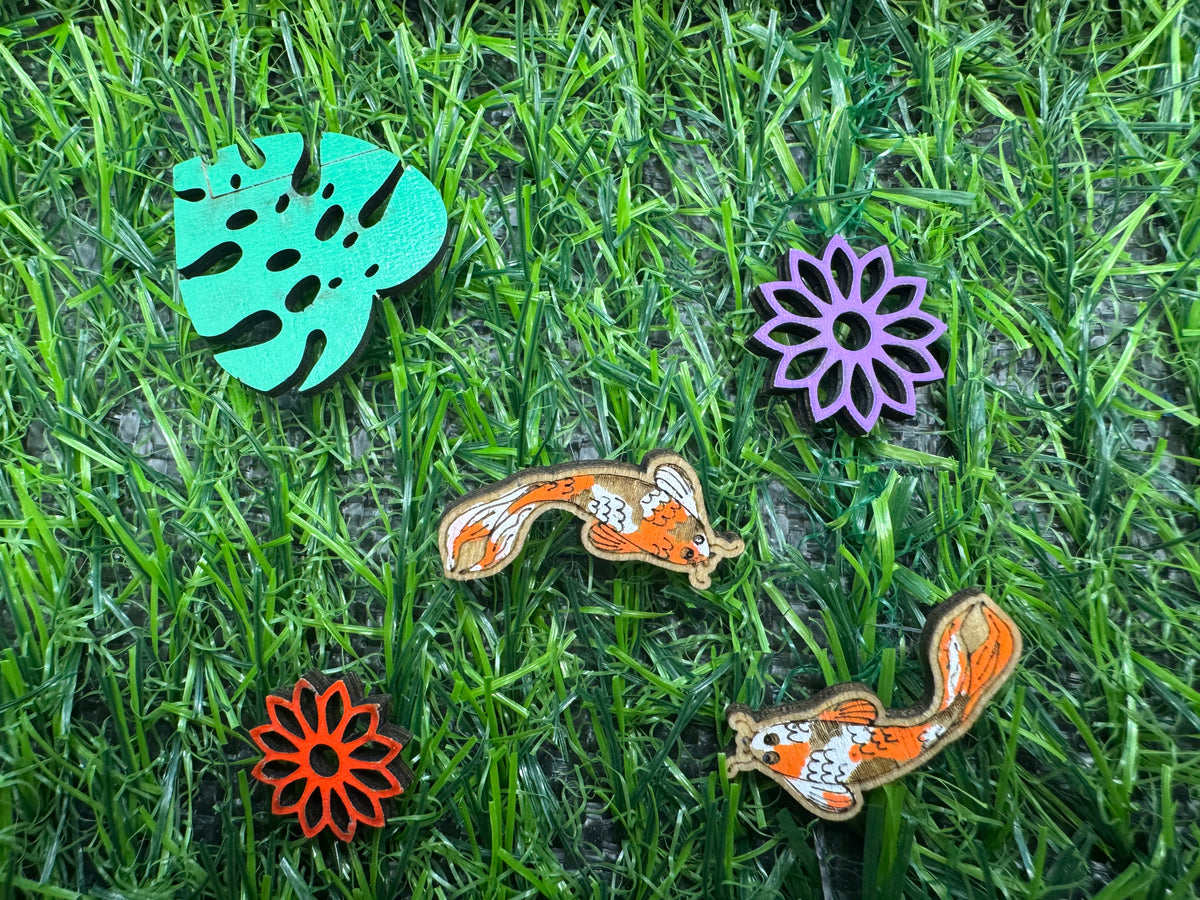 Fi and Philip the Koi Fish - hand drawn, laser cut, wood stud earrings
