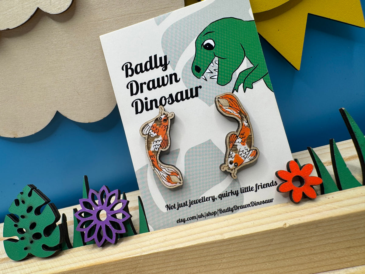 Fi and Philip the Koi Fish - hand drawn, laser cut, wood stud earrings
