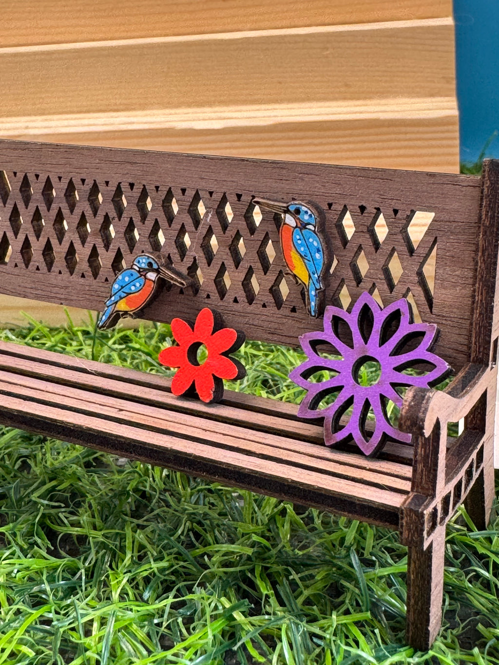 Larry the Kingfisher - hand drawn, laser cut, wooden stud earrings