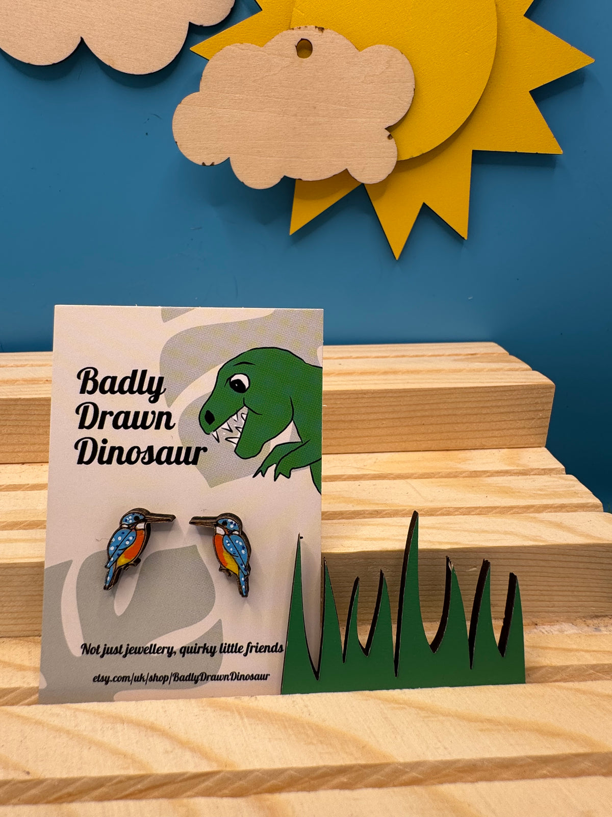 Larry the Kingfisher - hand drawn, laser cut, wooden stud earrings