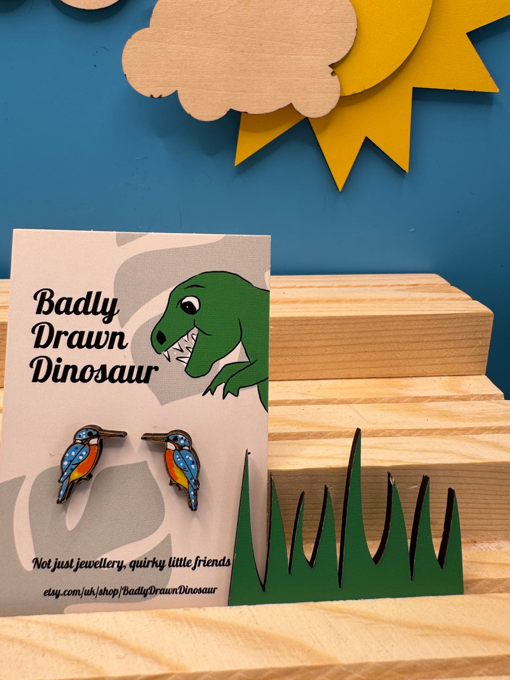Larry the Kingfisher - hand drawn, laser cut, wooden stud earrings