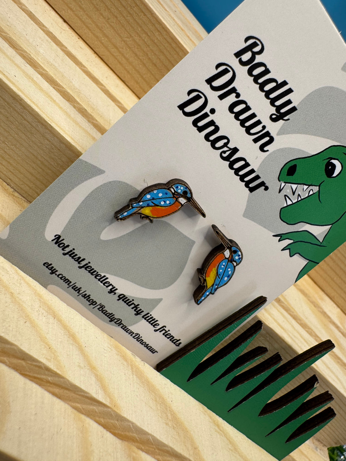 Larry the Kingfisher - hand drawn, laser cut, wooden stud earrings