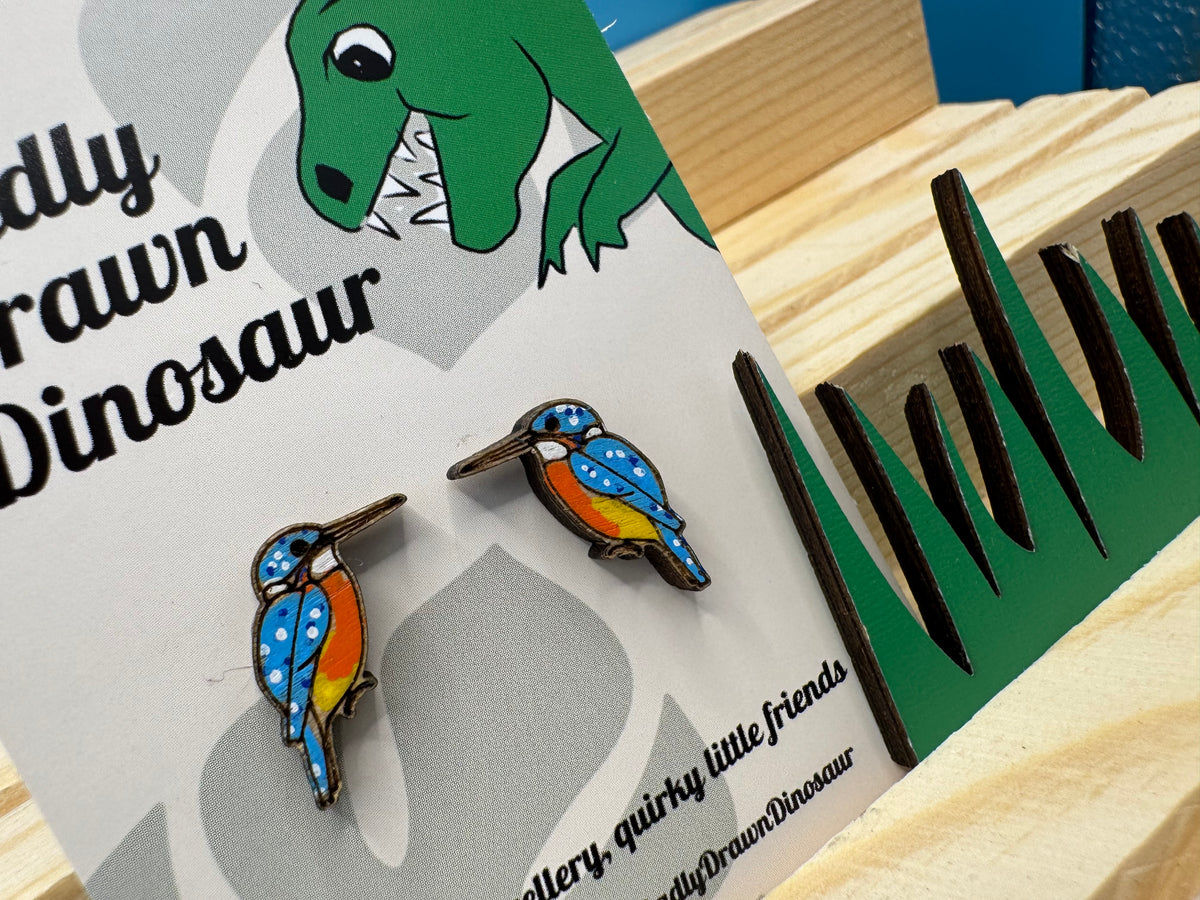 Larry the Kingfisher - hand drawn, laser cut, wooden stud earrings