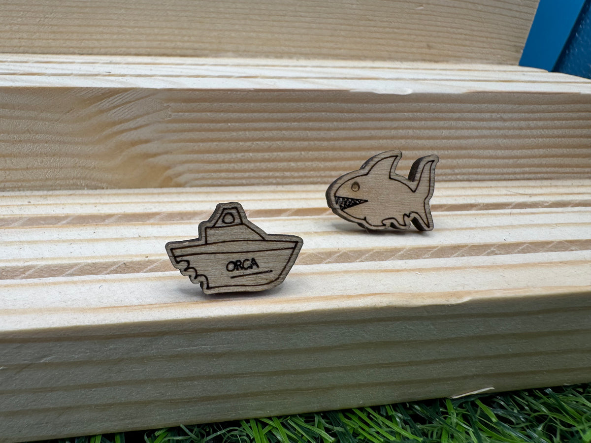 Bruce and The Orca - hand drawn, laser cut, wood stud earrings