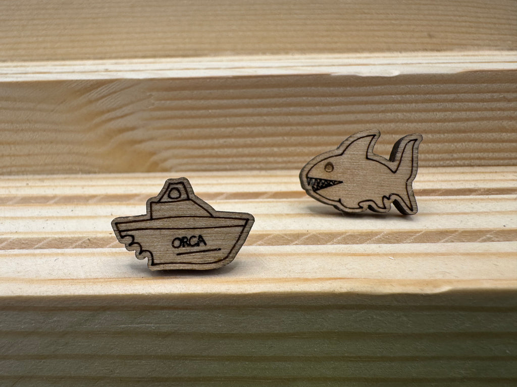 Bruce and The Orca - hand drawn, laser cut, wood stud earrings