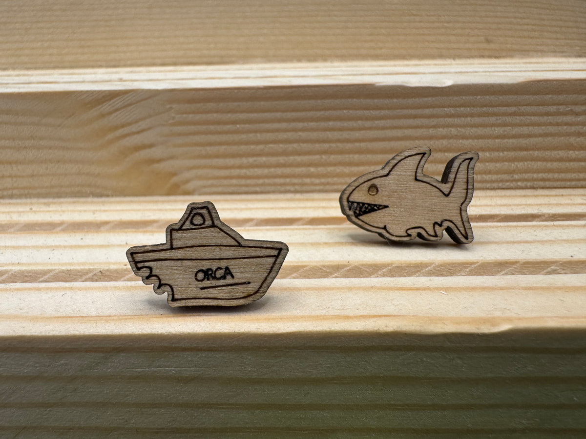 Bruce and The Orca - hand drawn, laser cut, wood stud earrings