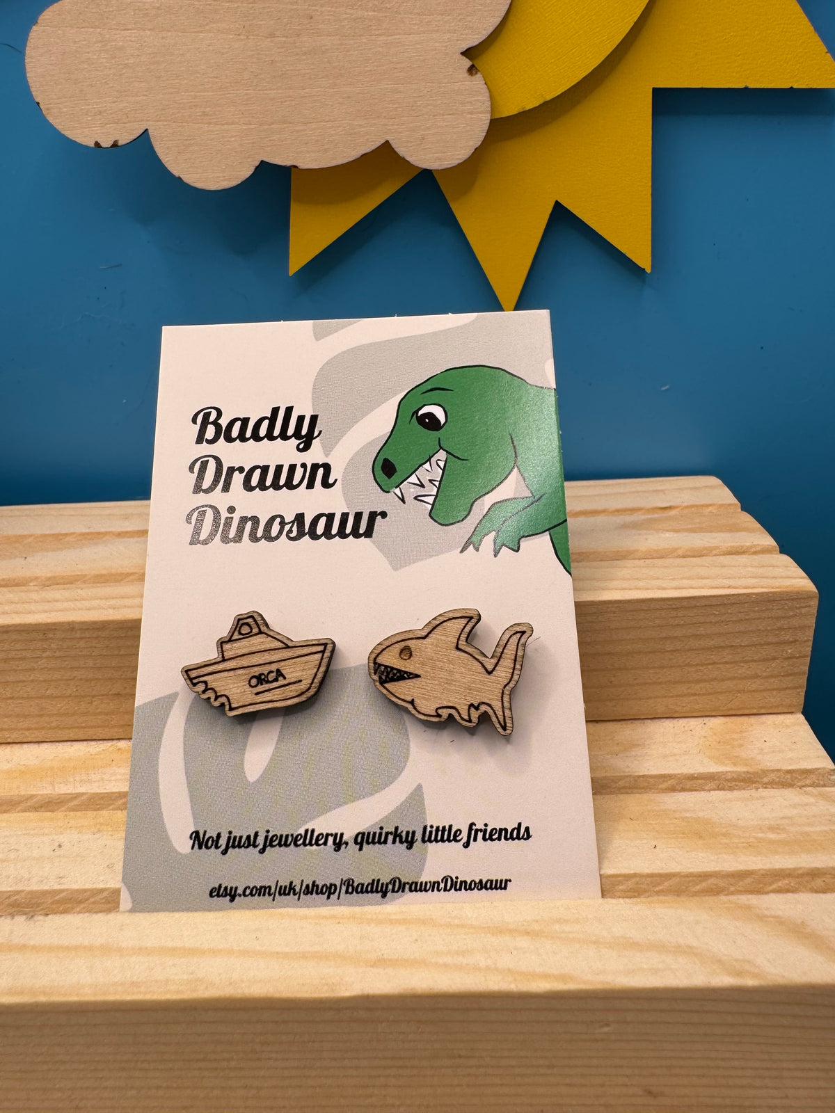 Bruce and The Orca - hand drawn, laser cut, wood stud earrings
