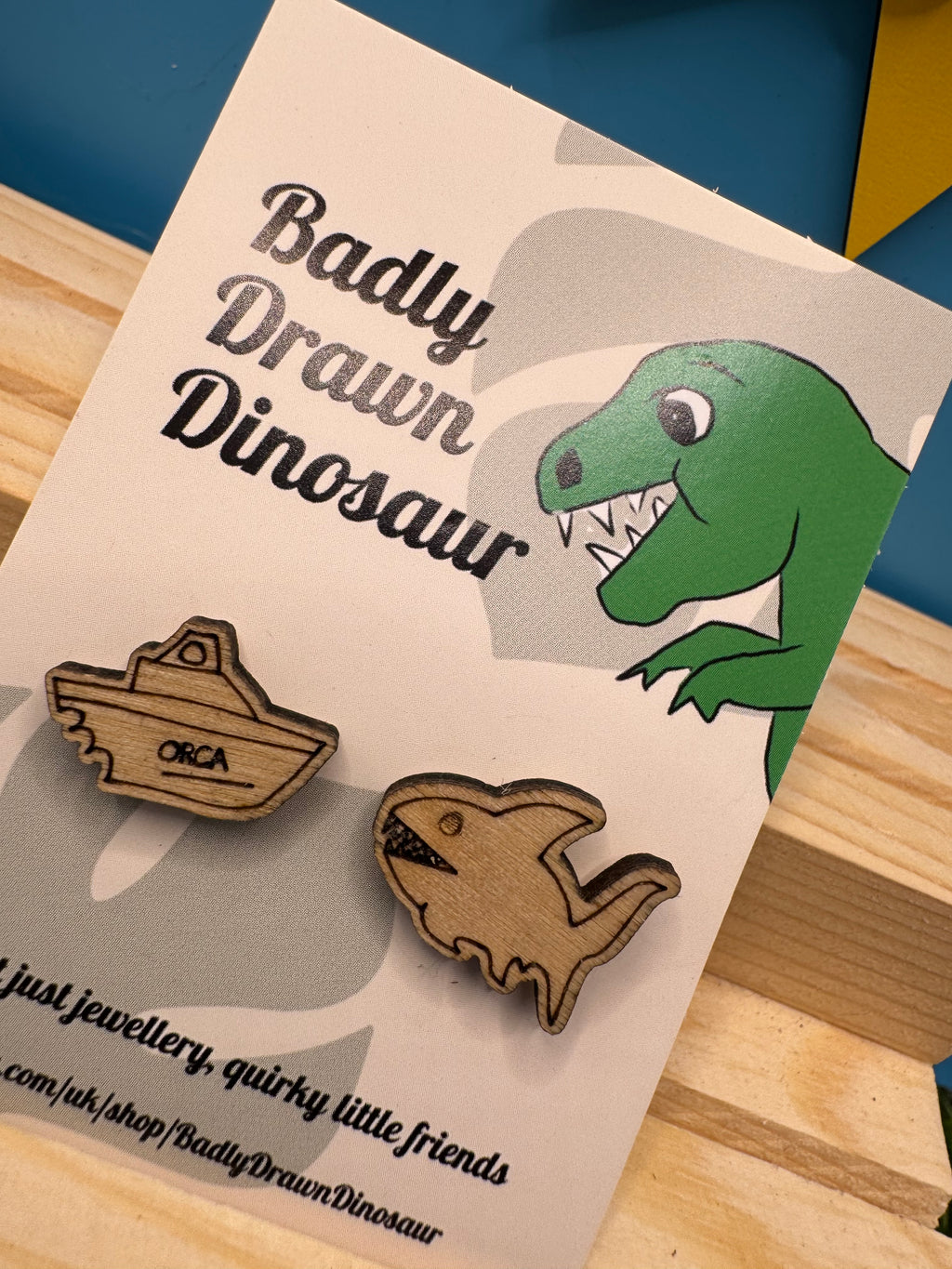 Bruce and The Orca - hand drawn, laser cut, wood stud earrings