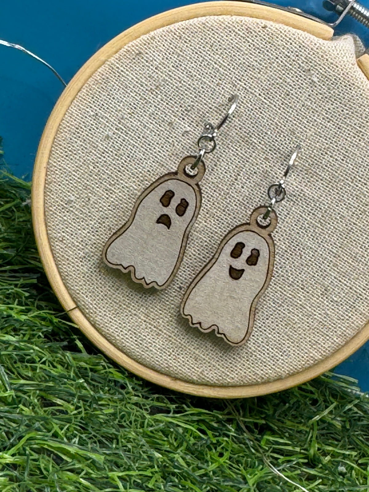 Casper, the (sometimes friendly) Ghost! Hand Drawn Laser Cut Wooden Halloween Earrings