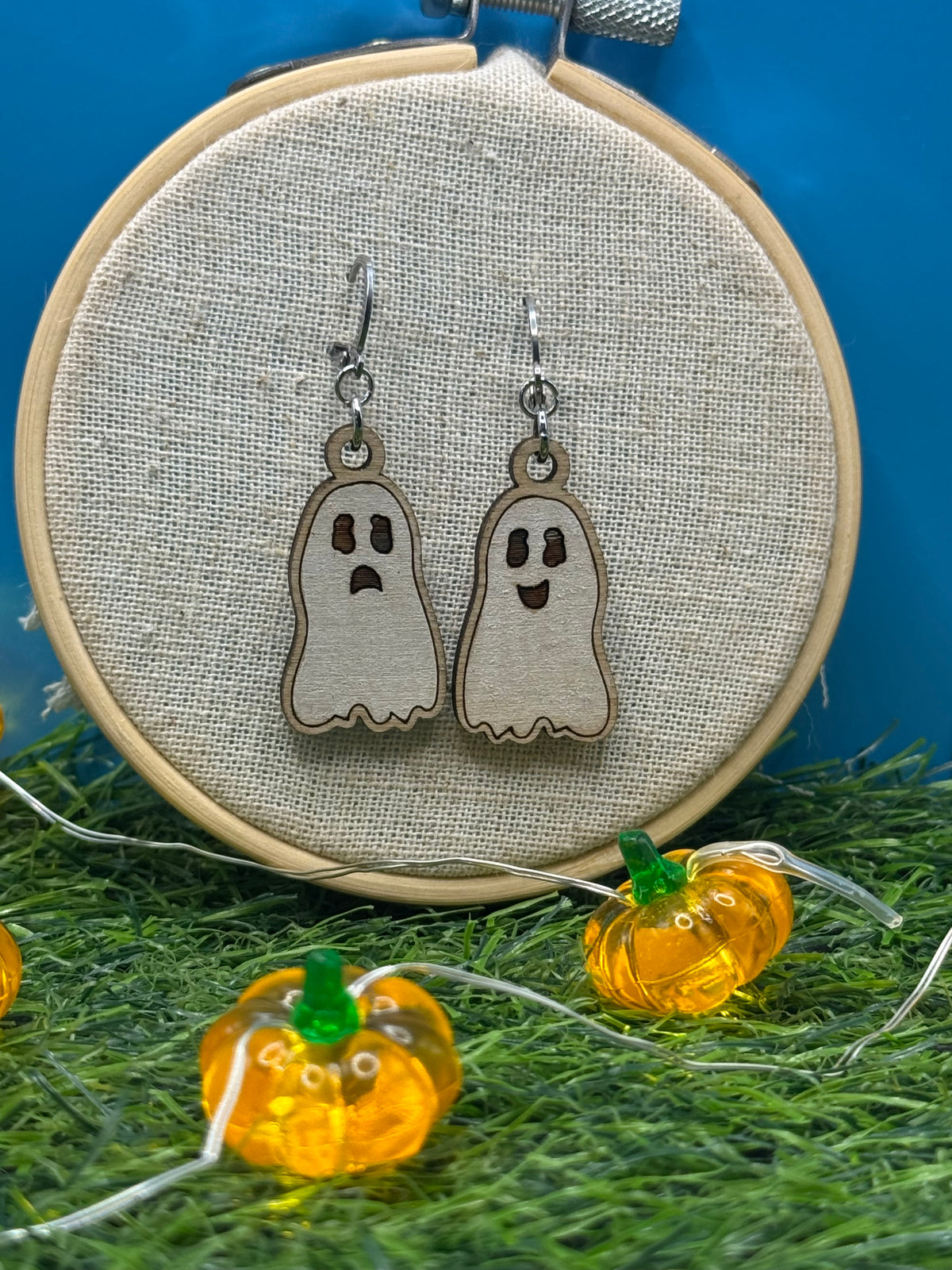 Casper, the (sometimes friendly) Ghost! Hand Drawn Laser Cut Wooden Halloween Earrings
