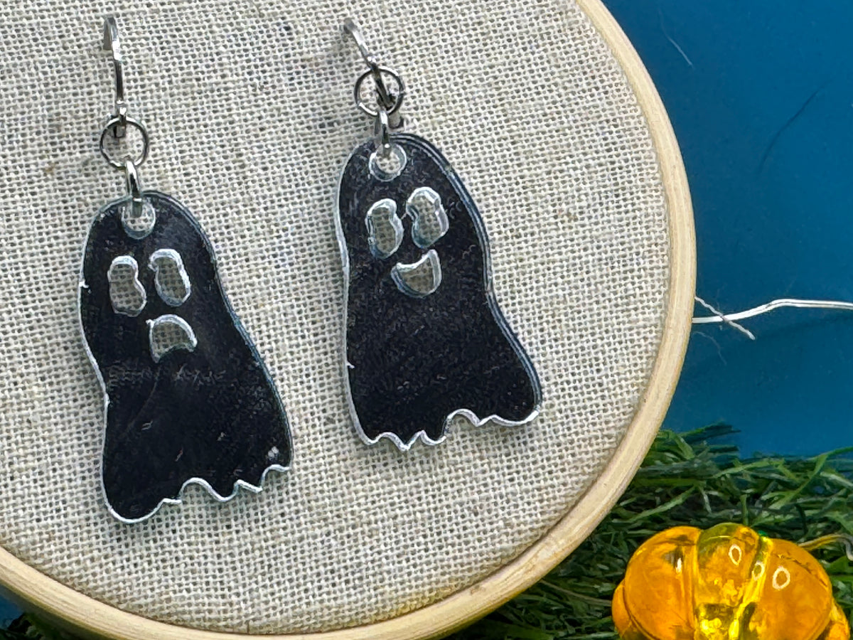 Casper, the (sometimes friendly) Ghost! Hand Drawn Laser Cut Acrylic Halloween Earrings