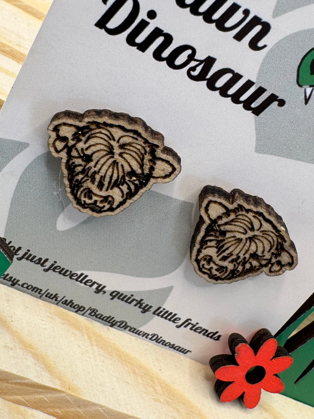Angus the Highland Cow - hand drawn, laser cut, wood stud earrings