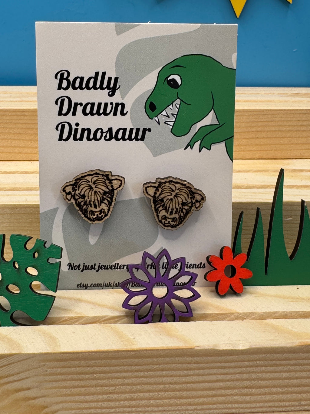 Angus the Highland Cow - hand drawn, laser cut, wood stud earrings