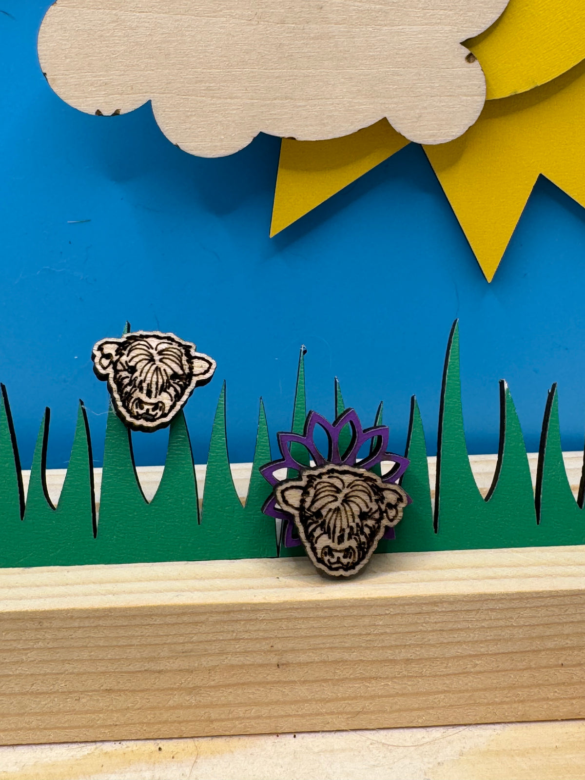 Angus the Highland Cow - hand drawn, laser cut, wood stud earrings